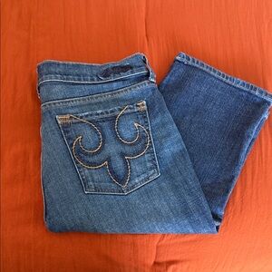 Classic Blue Denim Straight Crop Shorts with Embroidered Detail